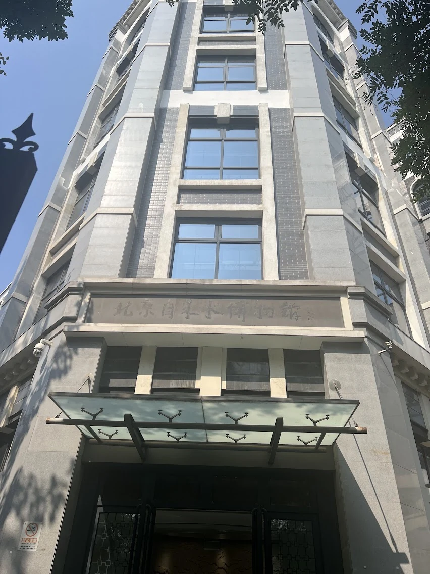 Looking up at a modern building among the street trees on the way to the museum